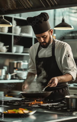 Portrait of a professional chef with hat in a modern restaurant kitchen while using a frying pan.