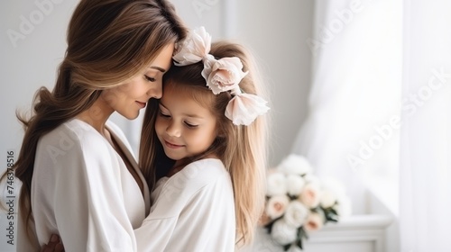 Happy mother and child embracing in blurred white room with copy space, mothers day