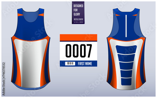Running shirt design template, Tank top jersey mockup for athlete. Singlet jersey pattern. Uniform front view back view.