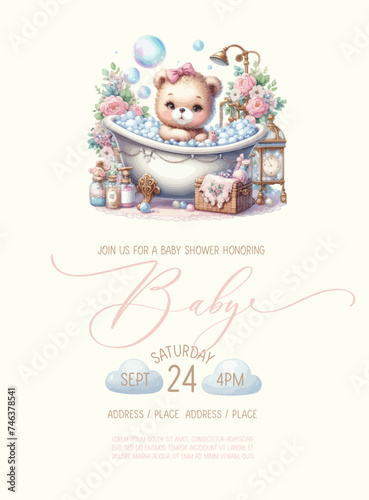 Cute baby shower watercolor invitation card with teddy bear girl takes a bath with foam.