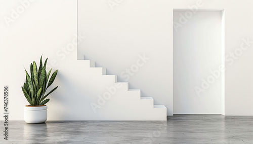 white interior room with plant and stairs in the background