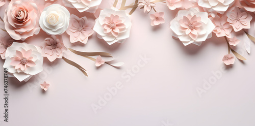Pink Framework for photo or congratulation with paper spring sakura blossom. Woman's day, 8 march, Easter, Mother's day, anniversary greeting card