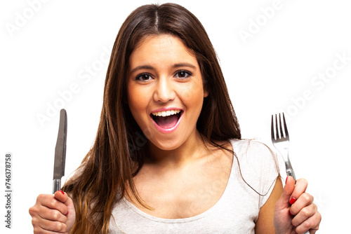 Excited young woman with cutlery