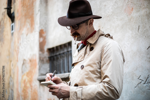 Εκτύπωση καμβά Vintage detective writing notes in urban setting