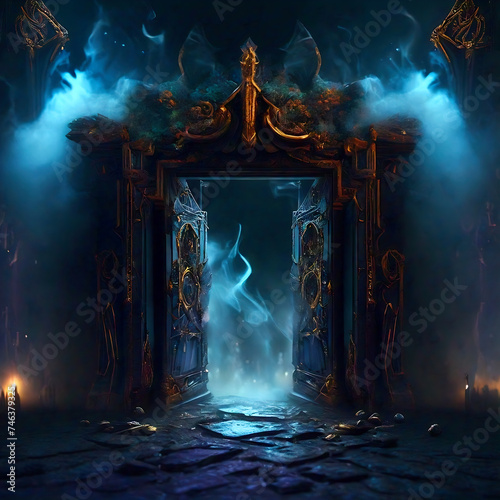 magical view of opened gate portal in a dark room. Glittering, fairytale and smoky Transition portal. Copy space for your text