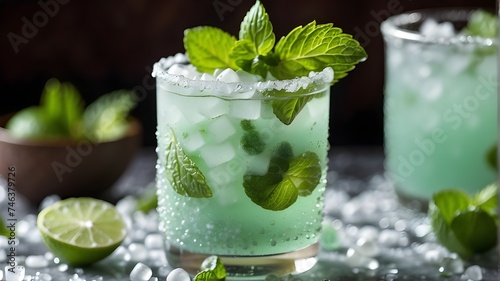 A close up shot of a frosty mint mojito with condensation beads