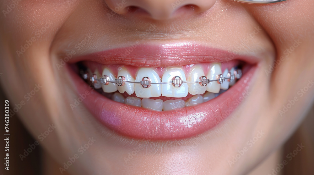 Obraz premium Charming female smile with white teeth in braces,generative ai