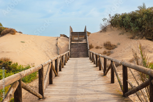Pasarela de madera sobre dunas, escapada en Guardamar del Segura, Alicante, España photo