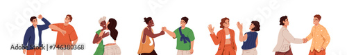People greeting each other set. Friends gesturing welcome. Different manner of hello: formal handshake, hand waving, elbow or fist bump, hugging. Flat isolated vector illustration no white background photo
