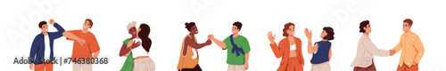 People greeting each other set. Friends gesturing welcome. Different manner of hello: formal handshake, hand waving, elbow or fist bump, hugging. Flat isolated vector illustration no white background