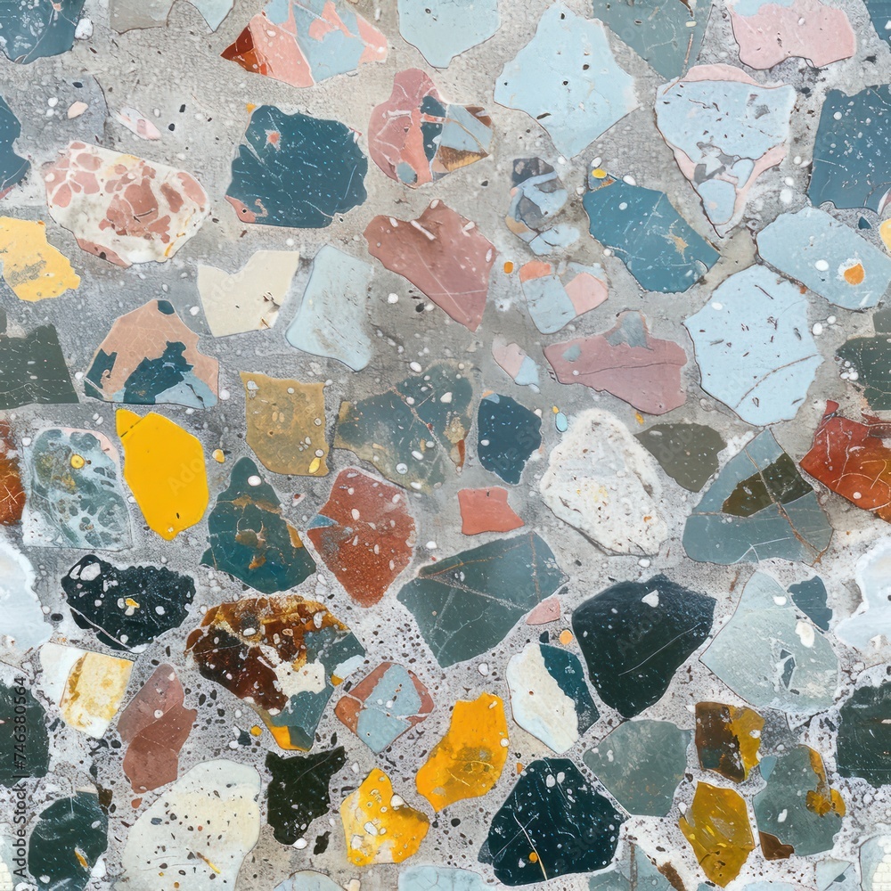 Seamless terrazzo texture graphic cement pieces pattern high resolution 4k, colorful for design, architecture, and 3d. HD realistic material polished, surface tileable for creative work and design