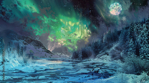 Northern lights and winter landscape.