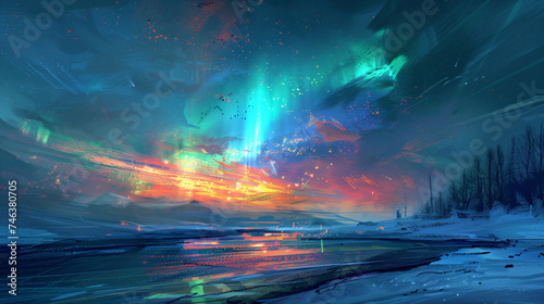 Northern lights and winter landscape.