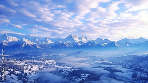 Aerial view of the peaks of snow-capped mountains. Generated by artificial intelligence © Vovmar