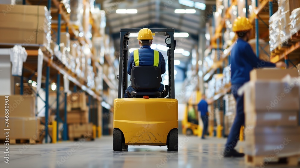 Warehouse logistics and worker drive with forklift. Warehouse logistics and worker drive with forklift.