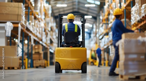 Warehouse logistics and worker drive with forklift.