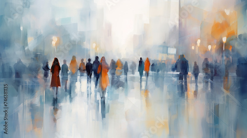 watercolor urban style crowd of people blurred background in gray and light blue November  December seasonal poster