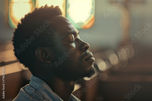 African American man praying in church. Cinematic effect
