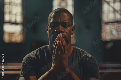African American man praying in church. Cinematic effect photo