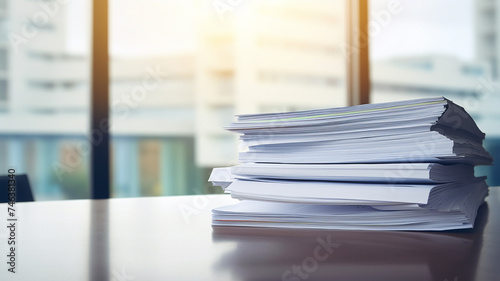 a stack of accounting documents on the desk in the office background copy space document flow