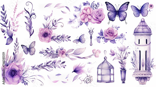 set collection of purple delicate accessories of a fairy princess watercolor drawing isolated on a white background  soft lavender color photo
