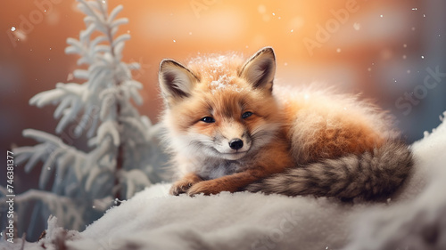 cute fox cub sleeping in the wild on the background of winter at sunset  the incredible beauty of winter wildlife