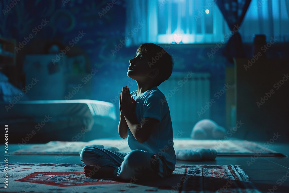 Arabian boy prays to god in dark children room. Cinematic effect Arabian boy prays to god in dark children room. Cinematic effect
