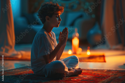 Arabian boy prays to god in dark children room. Cinematic effect photo
