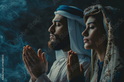 Arabian man and woman prays to god together on dark studio background. Cinematic effect
