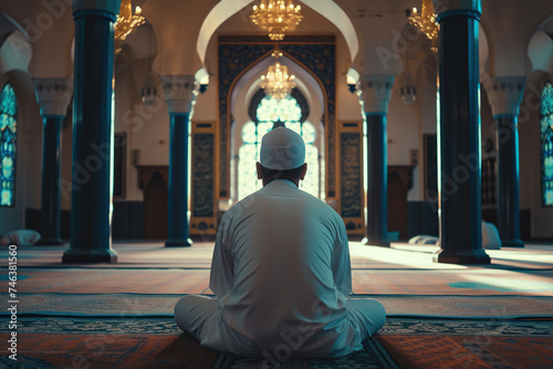 Arabian man praying in mosque. Cinematic effect