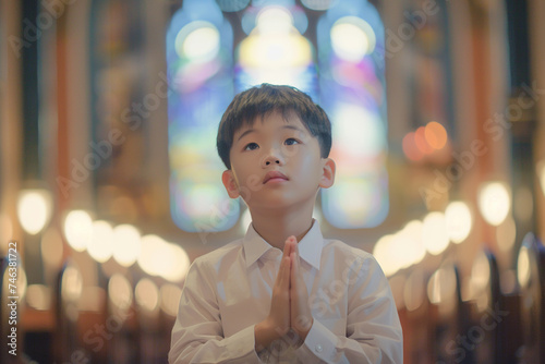 Asian school boy praying in church. Cinematic effect