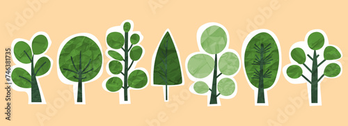 Paper collage of green garden landscape trees bush shrub. Textured organic shape, plant forms, contemporary naive eco vector illustration. Ecological banner with textural elements, forest background