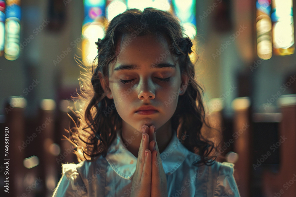 Obraz premium Caucasian school girl praying in church. Cinematic effect
