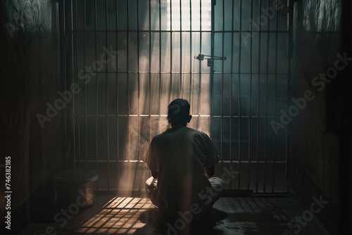 Indian man prays to god in dark prison. Cinematic effec