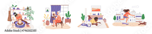 Happy people spend leisure with hobbies set. Characters in free time craft pottery, draw, reading book, create in weekend. Girl walking dog on skateboard. Flat isolated vector illustration on white