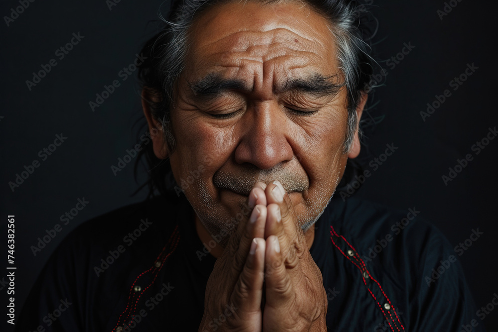 Latin American man prays to god on black studio background Latin American man prays to god on black studio background