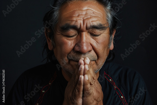 Latin American man prays to god on black studio background