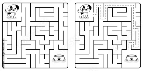Square maze game for kids with cartoon Dog. Puzzle Game with answer. Learning Labyrinth conundrum. Education worksheet. Activity page. Logic Games for kids. Black and white vector illustration