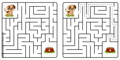 Square maze game for kids with cartoon Dog. Puzzle Game with answer. Learning Labyrinth conundrum. Education worksheet. Activity page. Logic Games for kids.