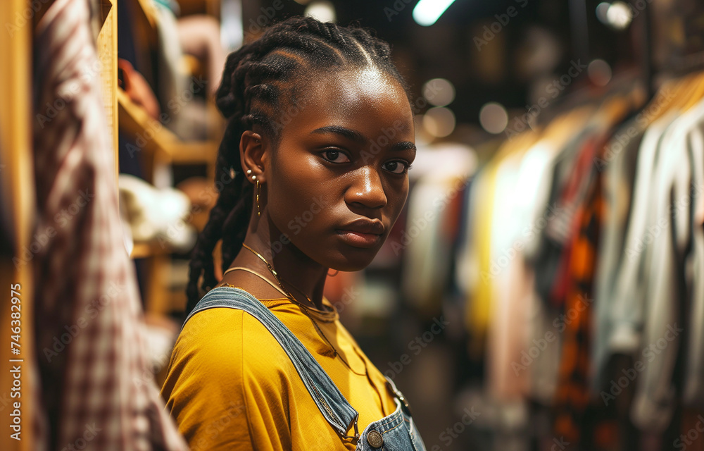 Young dark-skinned saleswoman in a clothing store. A young woman in the workplace. Portrait of an African-American woman. Bokeh in the background. Young dark-skinned saleswoman in a clothing store. A young woman in the workplace. Portrait of an African-American woman. Bokeh in the background.