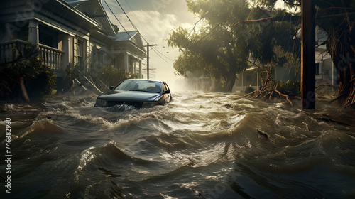 A floating car in the water during a flood in a European village. The concept of nature conservation. Natural disasters