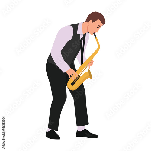 Happy saxophonist plays music on sax in elegant suit. Flat vector illustration isolated on white background