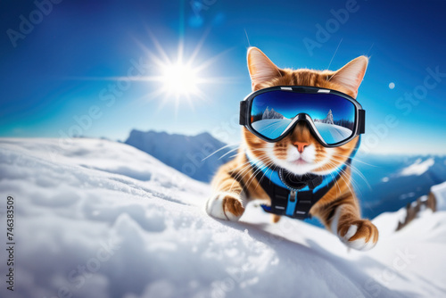 Feline with blue goggles soars over snowy mountain in sky © Александр Ткачук