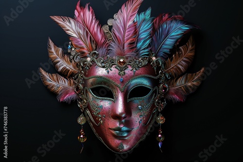 A mystical carnival mask adorned with iridescent feathers and shimmering beads, isolated on a deep black background