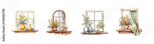 Windowsill garden flower pot watercolor set. Vector illustration design.