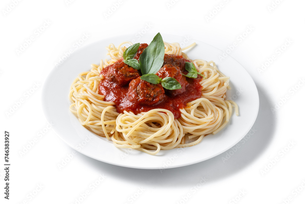 Spaghetti with meatballs isolated on white background