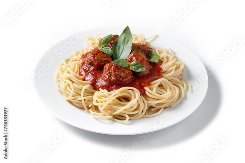 Spaghetti with meatballs isolated on white background