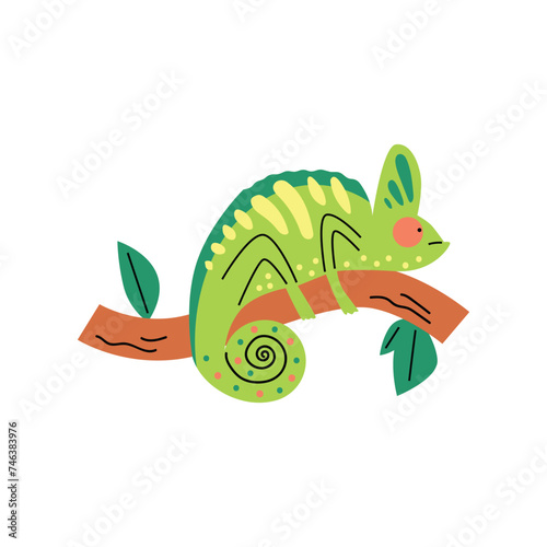 Cute small green chameleon on tree branch, vector cartoon tropical lizard, predator animal, exotic pet from wild jungle