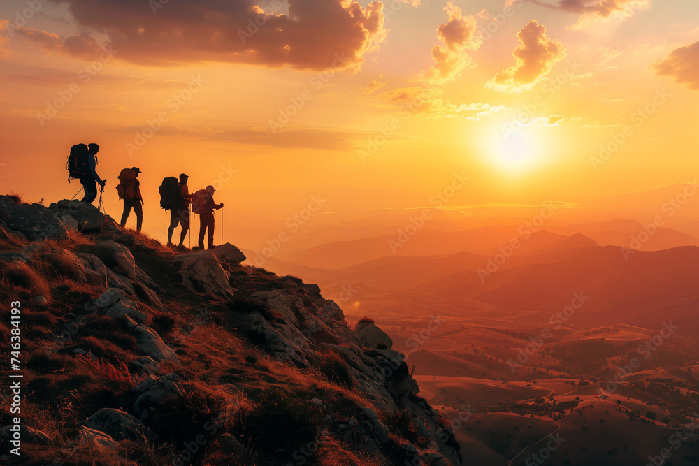 Fototapeta premium silhouette of people from back on top of mountain at sunset