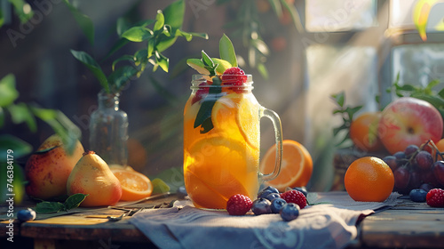 Lemonade with Fruits and Lemons in a Glass Jug Against a Natural Landscape extreme closeup,Cold Lemonade with Lime, Orange, and Blueberries,Mason jars of lemonade with fruits and berries on wooden tab